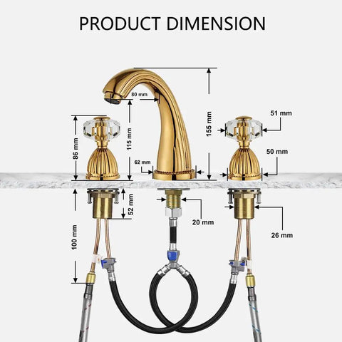 Product dimensions of Polished Gold Widespread Bathroom Sink Faucet With Crystal Handles Three Hole Brass Lavatory Vanity Tap And Pop Up Drain
