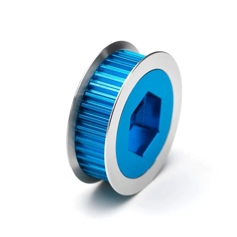 Close-up of a blue aluminum pulley from TT02 Beefed Up Belt Drive RC Car Transmission System With 36T And 16T Aluminum Pulleys And Metal Spur Gear For Tamiya 1 by 10 4WD On Road Shaft Drive RC Cars For Racing Enthusiasts.