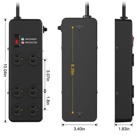 Heavy Duty Surge Protector Packing 3000 Joule Surge Defense 6 Outlet Beefy Metal Power Strip In Black dimensions and design view.