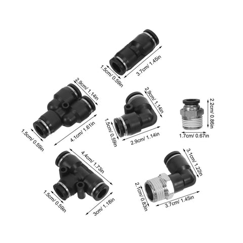 Push To Connect Pneumatic Air Hose Fittings Kit With 8Mm Tube OD To Three Eighths Inch Npt Thread Male Elbow And Straight Quick Connects For Industrial Machinery And Lab Use, black fittings with dimensions shown