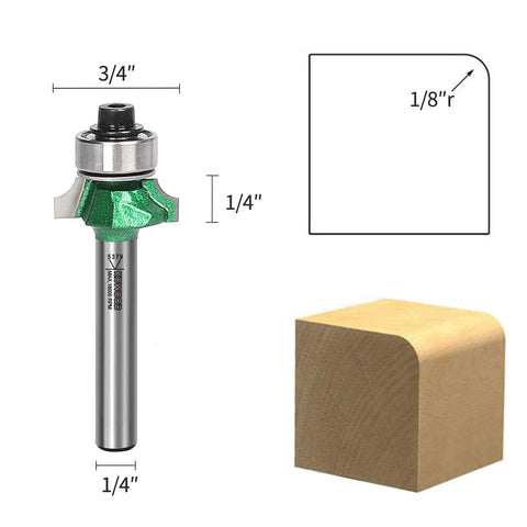Pro Roundover Router Bit Set Four Piece With One Quarter Inch Shank Radii One Eighth, showing 1/8 inch rounded edge on wood