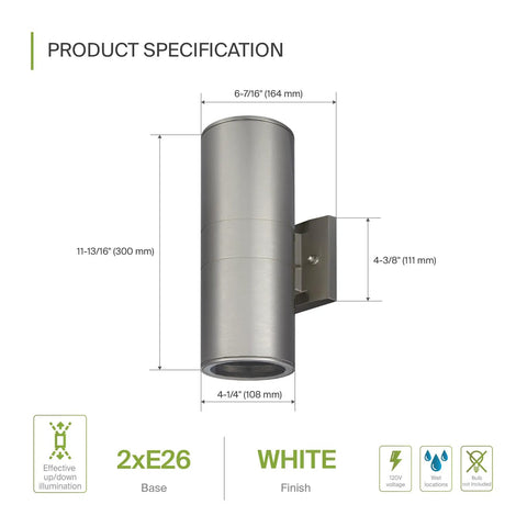 Two Light Outdoor Wall Light Fixtures Dope Dual Up Down Cylinder Sconce 120V E26 Sockets Weatherproof Steel Exterior Lighting