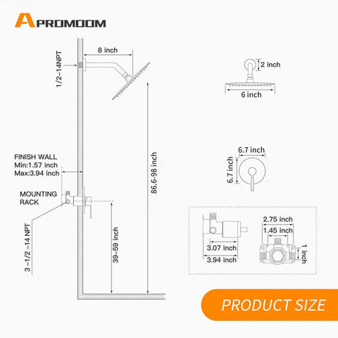 Sleek Matte Black Shower Head And Faucet Trim Kit Featuring Six Inch High Pressure Rainfall Spray And Smooth Single Handle Mixer Valve For Major Bathroom Glow Ups product size details diagram with dimensions.