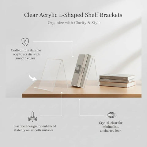 Clear Acrylic L Shaped Bookends For Desk And Shelf Organization No Fuss Invisible Support Brackets displayed on a wooden surface