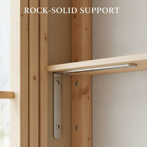 Heavy Duty Stainless Steel L Bracket Corner Brace For Floating Shelves And Furniture Reinforcement, 90 Degree Locking, 5.9 By 3.9 Inch, One Pack, Keeps Cabinets And Bookshelves Rock Solid, No Wobble, Sleek Silver Finish installed on wooden shelf