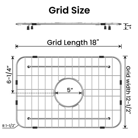 Heavy Duty Stainless Steel Kitchen Sink Grid With Centered Drain And Rounded Corners 18x12-1/2 inch dimensions diagram