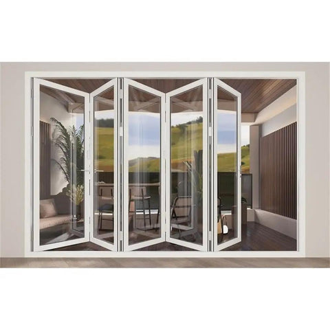 Five Panel Aluminum Folding Glass Door In White With Low E Tempered Glass And Heavy Duty Rollers in open position.