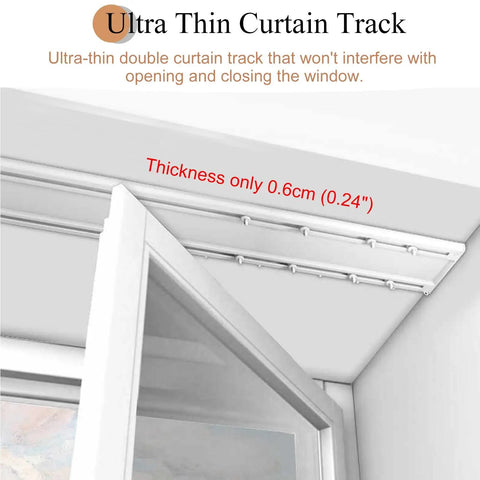 Double Tracks Ceiling Mount Curtain Rail With Hooks For Living Room And Bedroom Ultra Thin Aluminum Curtain Rod Smooth Noiseless Sliders Room Divider Track White Finish 1.9m Length, white double ceiling track near doorway
