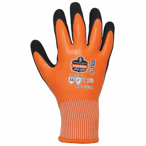 ProFlex 7551 Waterproof Winter Work Gloves with Sandy Nitrile Dipped Palms, featuring orange coating and cut protection labels