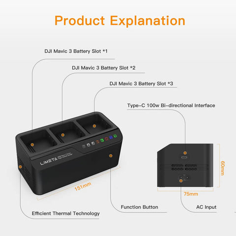 Diagram of DJI Mavic 3 Pro Battery Charger Hub 200W Fast Charging Station with labeled slots and dimensions.