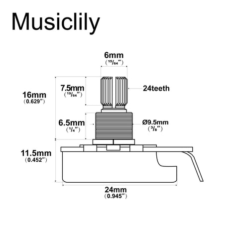 Diagram of Pro Grade Brass 250K Linear Taper Potentiometers, 24-spline, inch sized, full brass construction for guitars and basses.