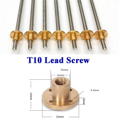 Heavy Duty T10 Trapezoidal Lead Screw Set With Real Brass Nut For 3D Printers CNC Routers And Stepper Motors Built Different Hella Smooth Linear Motion 304 Stainless Steel 800mm Long, showing multiple lead screws and brass nuts.