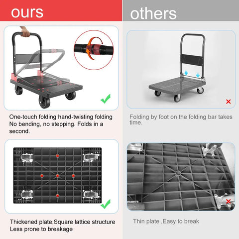 Comparison image showing Rock Solid Heavy Duty Folding Platform Cart With Reinforced Steel Frame and 360 Swivel Rubber Casters design features.