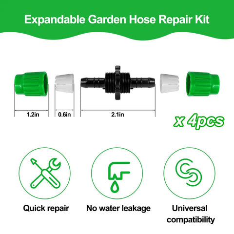 Expandable Garden Hose Repair Kit With Four Dual Channel Connectors And Metal Clamp Quick Fix For Damaged Hoses 3/4 or 5/8 inch