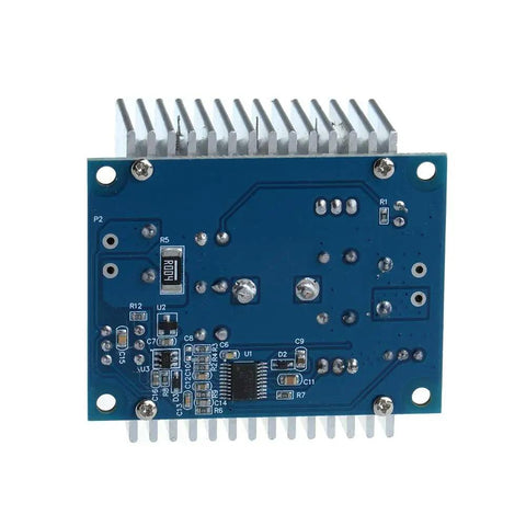 Back view of Beast Buck Converter Module 6-40V To 1.2-36V, 20A 300W Adjustable Step Down Regulator with heat sink and circuit components.
