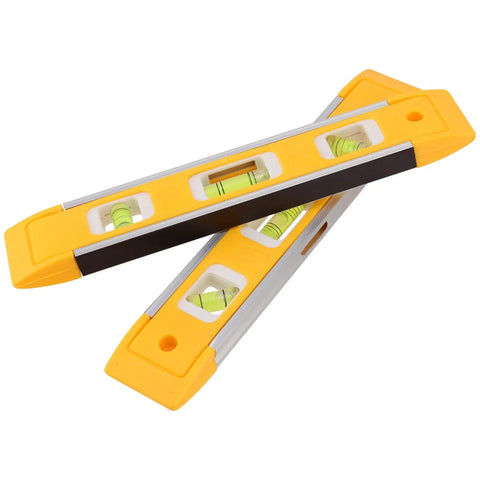 Heavy Duty 9 Inch Magnetic Torpedo Level, Dead On Accurate Aluminum Spirit Level with two vibrant yellow tubes and visible vials.