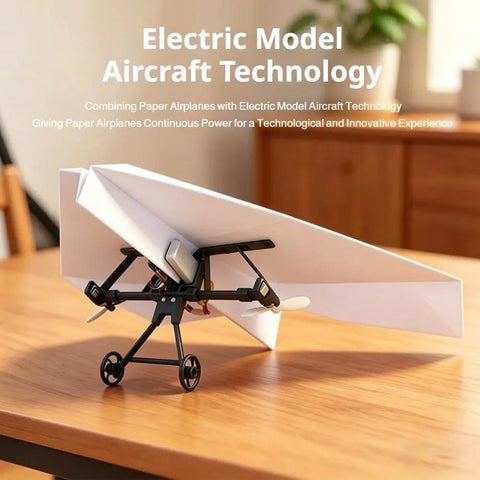 Electric RC Paper Airplane Kit With Gyro Stabilizer And Dual Propellers For DIY Flight on wooden table indoors