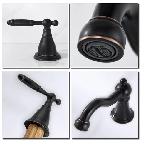 Slick Oil Rubbed Bronze 8 Inch Widespread Bathroom Sink Faucet With Drain, Double Lever Handle, shown from various angles