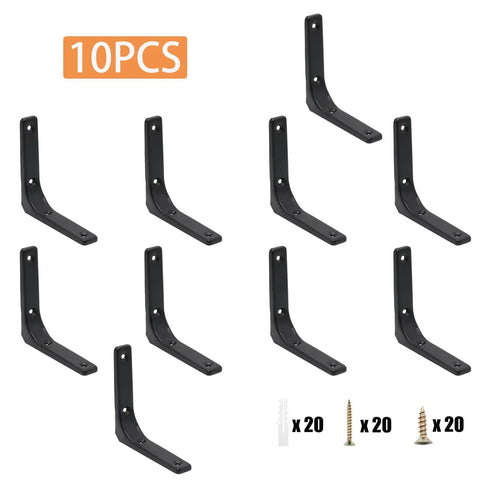 Rock Solid 10 Piece Heavy Duty 4 Inch Black L Brackets With Matching Screws displayed in a pack, ideal for shelving and assembly.