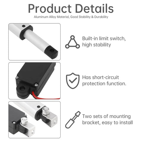 Compact 12V Micro Linear Actuator With 50mm Stroke, highlighting limit switch, protection functions, and mounting brackets.