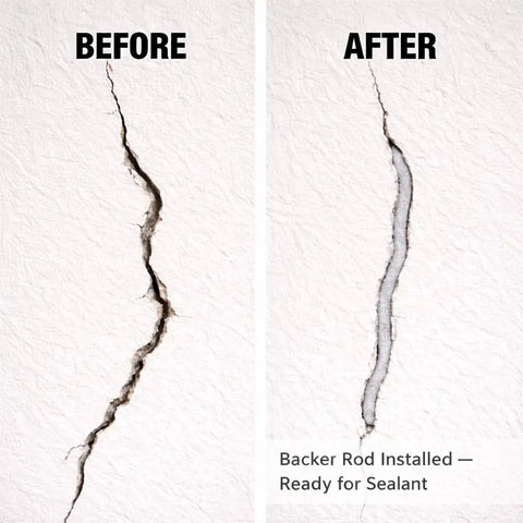 Heavy Duty Quarter Inch Backer Rod EPDM Closed Cell Foam Caulk Saver 33 Foot Coil in crack before and after installation.