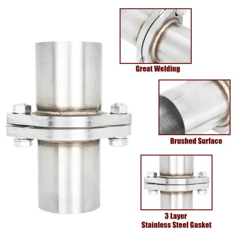 Top Shelf 2.25 Inch Exhaust Flange Pipe 2 Bolt Slotted Flange Stainless Steel Quick Fix Repair Kit close-up of great welding and brushed surface.