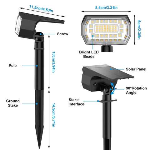 Diagram showing 57 LED Solar Spot Lights Outdoor Six Pack IP65 Waterproof Landscape Pathway Spotlights with measurements and features.