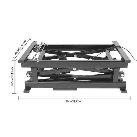 Built Tough Hydraulic Scissor Lift Table With Wireless Remote Control And Manual Controller, detailed side view with dimensions.
