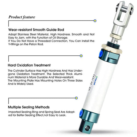Pneumatic 16mm Bore 50mm Stroke Air Cylinder Double Acting With Aluminum Body and Y Connector showing product features.