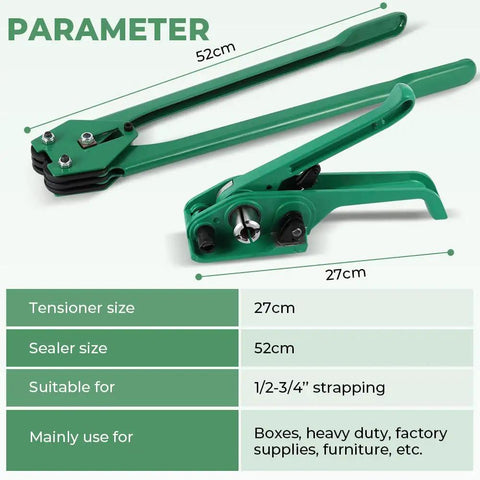 Five Eighths Inch Polyester PET Banding Kit For Pallets 1049 Feet Long Strapping Set tensioner and sealer dimensions.