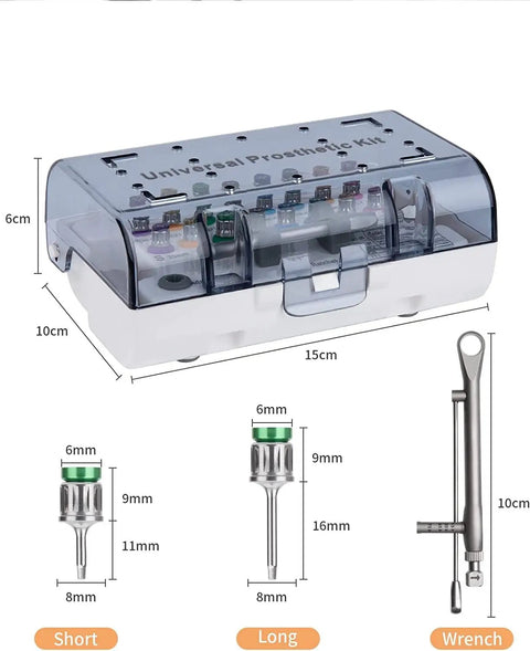 Top Notch Universal Implant Torque Wrench And Prosthetic Driver Kit showing sizes and components with clear casing.