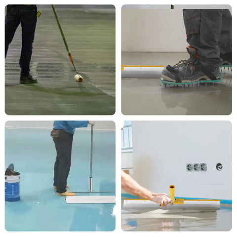 Self Leveling Concrete Tool Kit With Roller And Spike Shoes For Smooth Floor Leveling, Bubble Removal, 13mm Finish in use