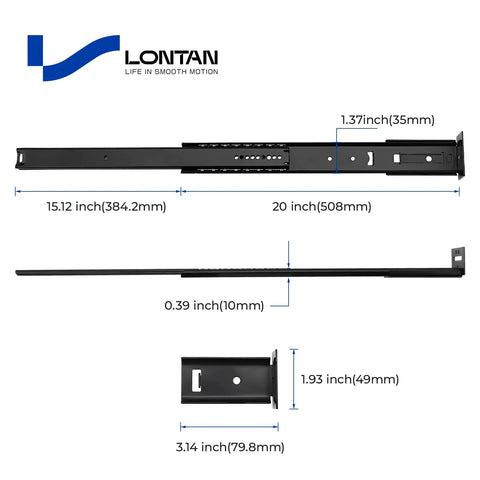 Five Piece Heavy Duty Center Mount Drawer Slides 20 Inch shown with dimensions and parts for precise installation support.
