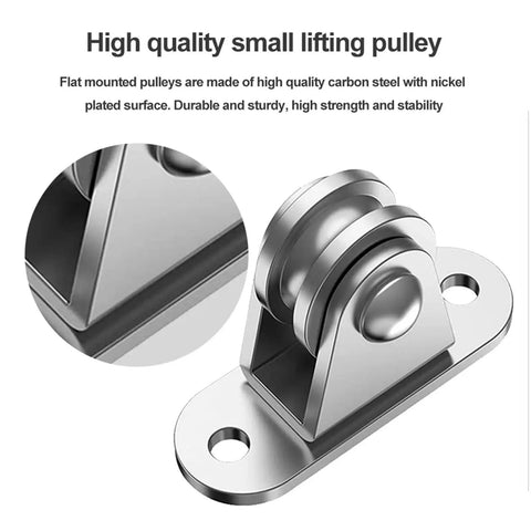 High quality small lifting pulley made of carbon steel with nickel plating, designed for durability and stability.