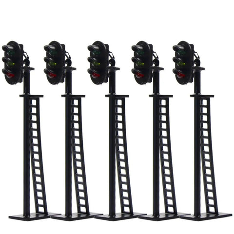 Badass 5 Piece Ho Scale 3 Light Block Signal Set Hella Durable Brass Prewired LED Railroad Lights With Red Yellow Green Bulbs 6.5cm Height For Model Trains 12V To 18V Powered Sick Upgrade For Any Layout Setup Totally Ready To Rock, shown from the front.
