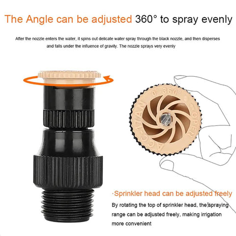 360 Degree Rotation Auto Irrigation Sprinkler System adjustable sprinkler head with hand demonstration, eight piece bundle