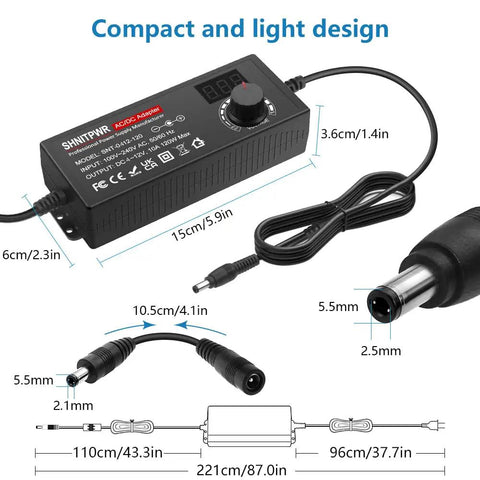 Adjustable DC Power Supply 3.5 to 12V 10A 120W AC to DC Adapter with 100 to 240V Input, showing dimensions and connectors.