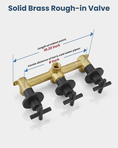 Solid Brass Rough-in Valve with matte black handles, 10.22 inch wide, essential for Slick Three Handle Tub Shower Faucet Set With Six Mode Handheld Sprayer And Matte Black Finish Straight Up Reliable Bathroom Renovation Kit With Built In Valve Included Top Tier Plumbing Upgrade.
