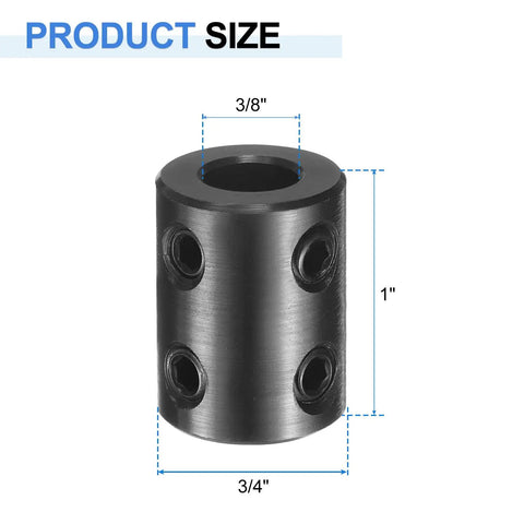 2 Pack Heavy Duty Rigid Shaft Couplings With Three Eighths Inch Bore And Three Quarters Inch Outer Diameter One Inch Length Carbon Steel Black Oxide Finish Includes Hex Wrench For 3D Printers Motors And Wheels, front view with measurements