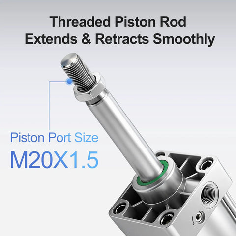 Close-up of threaded piston rod and port size for SC Pneumatic Air Cylinder Built Tough Double Acting With 100 x 225 mm Bore
