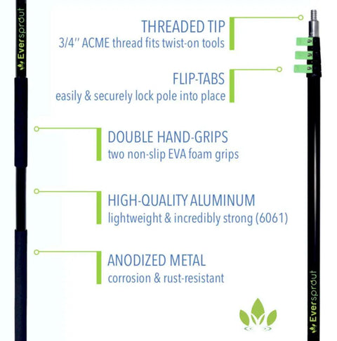 Smooth Telescoping Aluminum Extension Pole With Heavy Duty Utility Hook For Hanging Christmas Lights Bird Feeders And Tackling High Spots Without Breaking A Sweat Or Risking Ladder Falls features threaded tip and flip-tabs for secure locking.