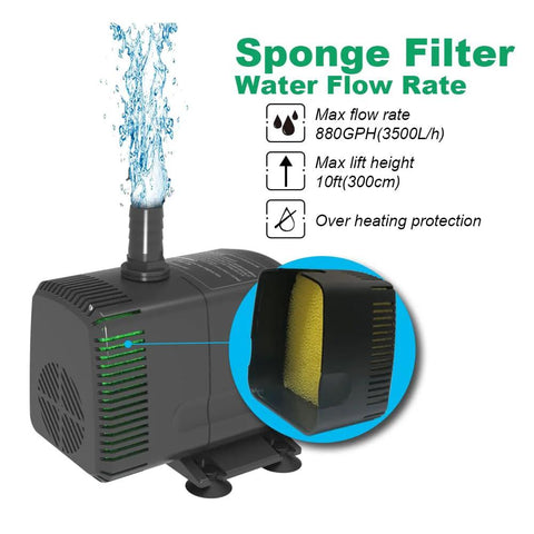 Knifel submersible pump with sponge filter insert, 880 GPH (3500 L/h), 60W, black, for ponds, fountains, hydroponics.