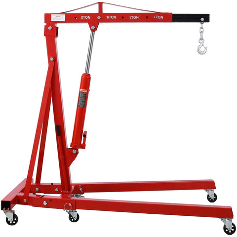 Rock Solid 2 Ton Folding Engine Hoist Cherry Picker Shop Crane with hydraulic ram and swivel wheels for auto repair.