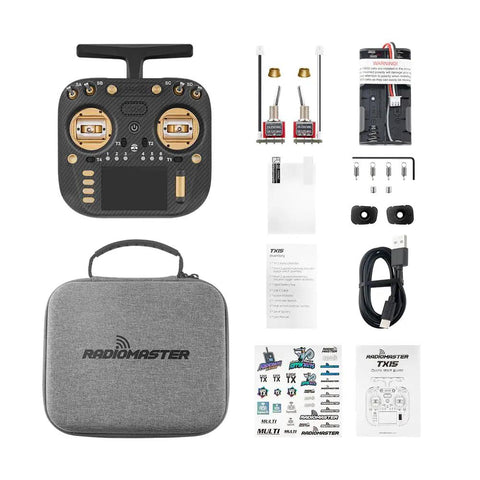 TX15 Max 3.5 Inch IPS Touchscreen Radio Controller, accessories, and carrying case included in the package layout.