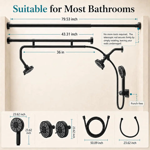 Triple Shower Head System With Handheld Goes Hard On Pressure Adjustable Dual Heads For Tubs Built Tough No Sweat Setup Zero Drip Design dimensions diagram