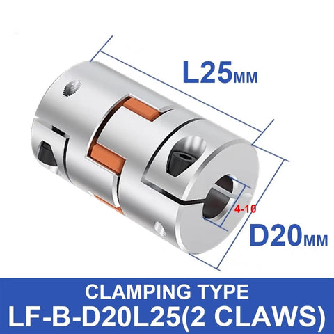 Top Tier LF Two Jaw D20L25 Aluminum Plum Flexible Shaft Coupler dimensions L25mm and D20mm, for 3D Printers and CNC Machines.