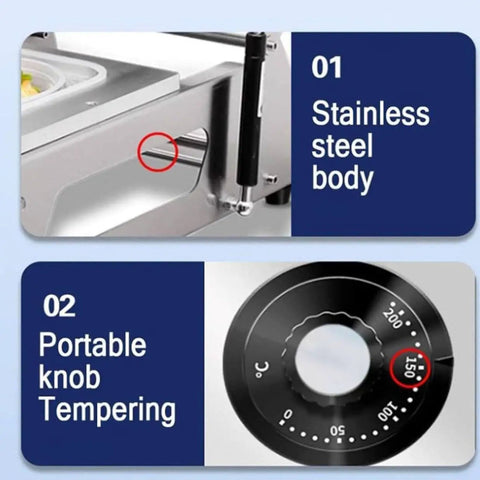 Semi Automatic Hand Pressure Takeaway Box Sealing Machine For Restaurants And Shops Speeds Up Meal Packing At 7 To 8 Times Per Minute. Close-up of stainless steel body and knob.