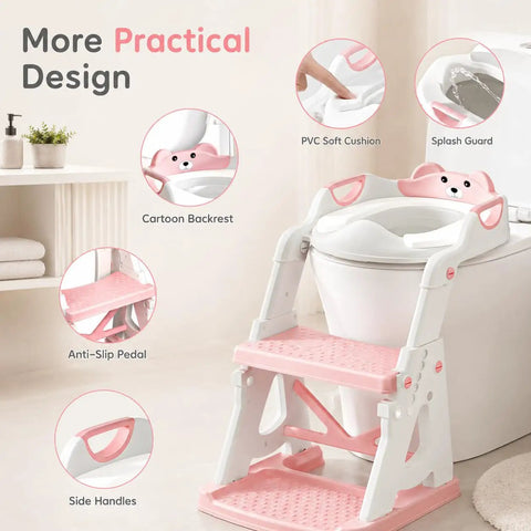Kid Approved 2 In 1 Potty Training Seat And Step Stool For Toddlers Featuring Anti Slip Base and Splash Guard Stabilizer Crossbar white and pink with cartoon backrest.