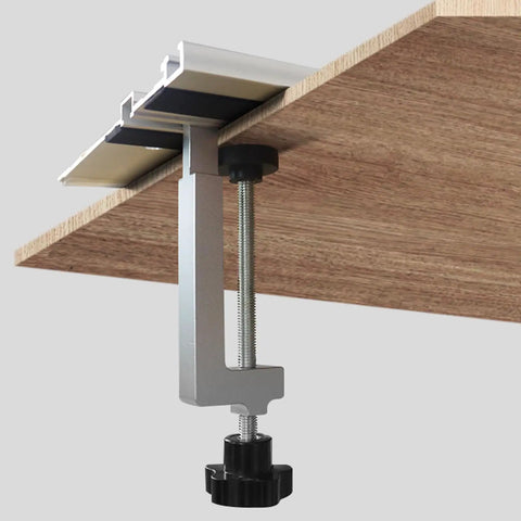 Adjustable Aluminum Clamp For Table Guide And Woodworking, holding wood piece securely with multiple clamping methods, side angle