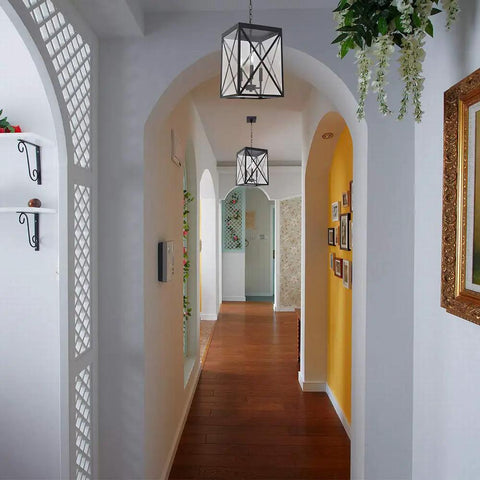 Outdoor Pendant Light Black Finish With Clear Glass, 1 Light Exterior Hanging Ceiling Lantern in modern hallway.
